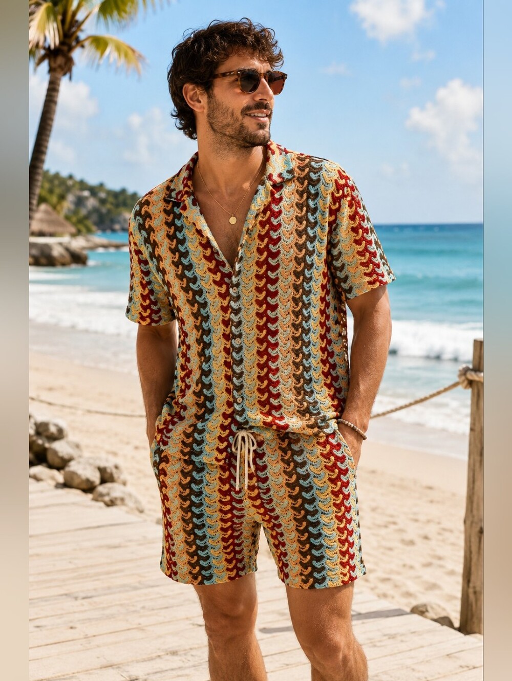 🔥 NOVAMEN Crochet Knit Shirt & Shorts Set XL Retro 70s Festival